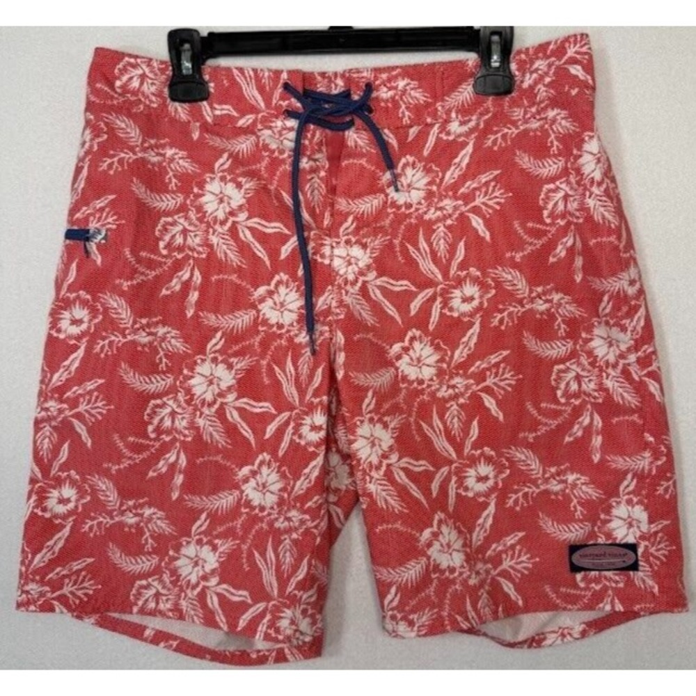 Vineyard Vines Coral and White Floral Hybrid Shorts with Navy Drawstring